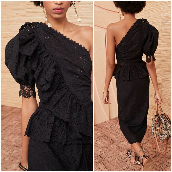 Ulla Johnson Twyla Dress in noir black size 8 one shoulder cotton eyelet midi 6 - Picture 2 of 11